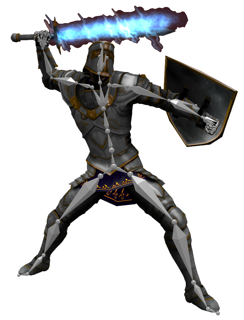 A medieval knight character swinging a sword with an animation skeleton overlayed with the character's pose.