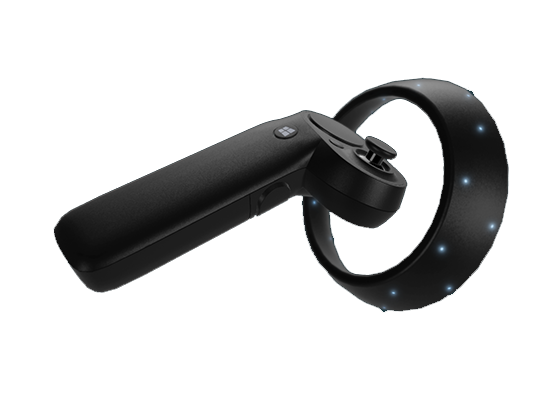 A VR controller with lights glowing around the tracking ring