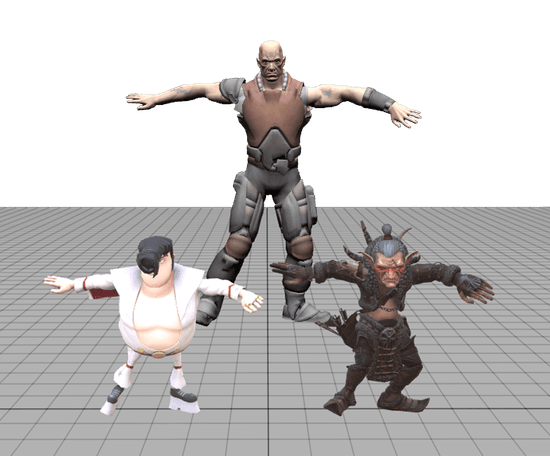 Three different 3D characters sharing the same animation pose, demonstrating animation retargeting across different body types