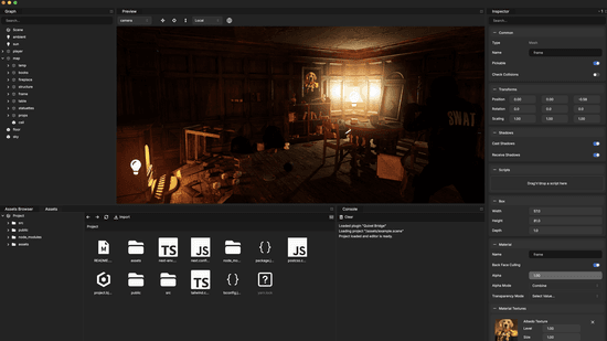The Babylon.js Editor desktop application showing a dimly lit room scene with asset browser, inspector, and scene hierarchy panels
