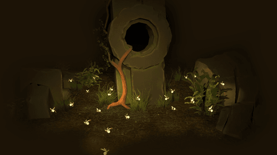 A dark scene with dozens of glowing fireflies illuminating stone ruins and vegetation, demonstrating clustered lighting with many light sources