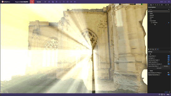The Babylon.js Playground showing a Gaussian splat of a cathedral interior with bright sunlight streaming through arched windows
