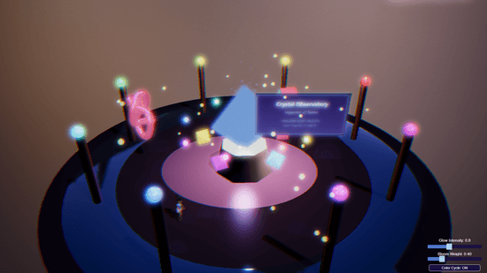 A colorful 3D scene with glowing crystals, candles, and floating particles being inspected with the new Inspector v2 overlay