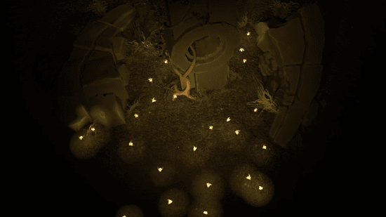 A dark outdoor scene with glowing fireflies illuminating vegetation and stone structures, with AI agents navigating the environment