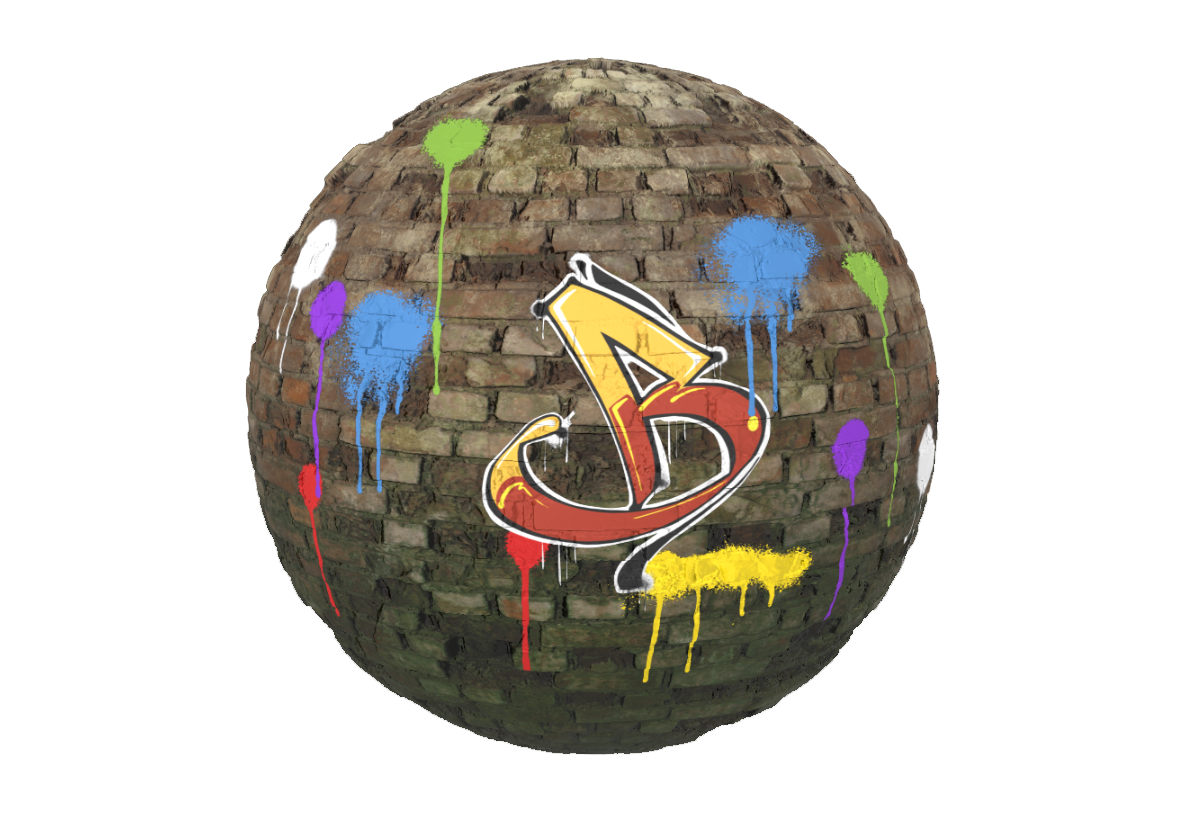 A sphere made of old and broken brick with spray painted dots of various colors with paint running down the brick from them and a graffiti tag of a letter B painted on it.