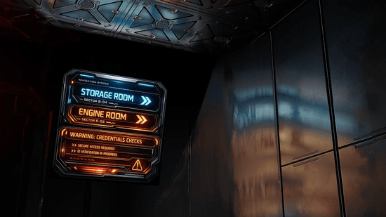 A sci-fi corridor with a glowing electronic sign casting colored light onto surrounding metallic walls