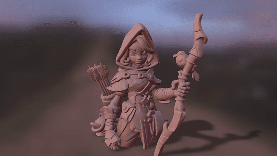 A detailed 3D model of a hooded fantasy archer character rendered in the Babylon.js Viewer