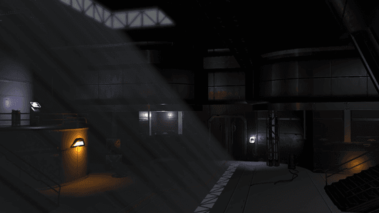 A dark industrial interior with visible light shafts streaming through openings, creating volumetric god rays