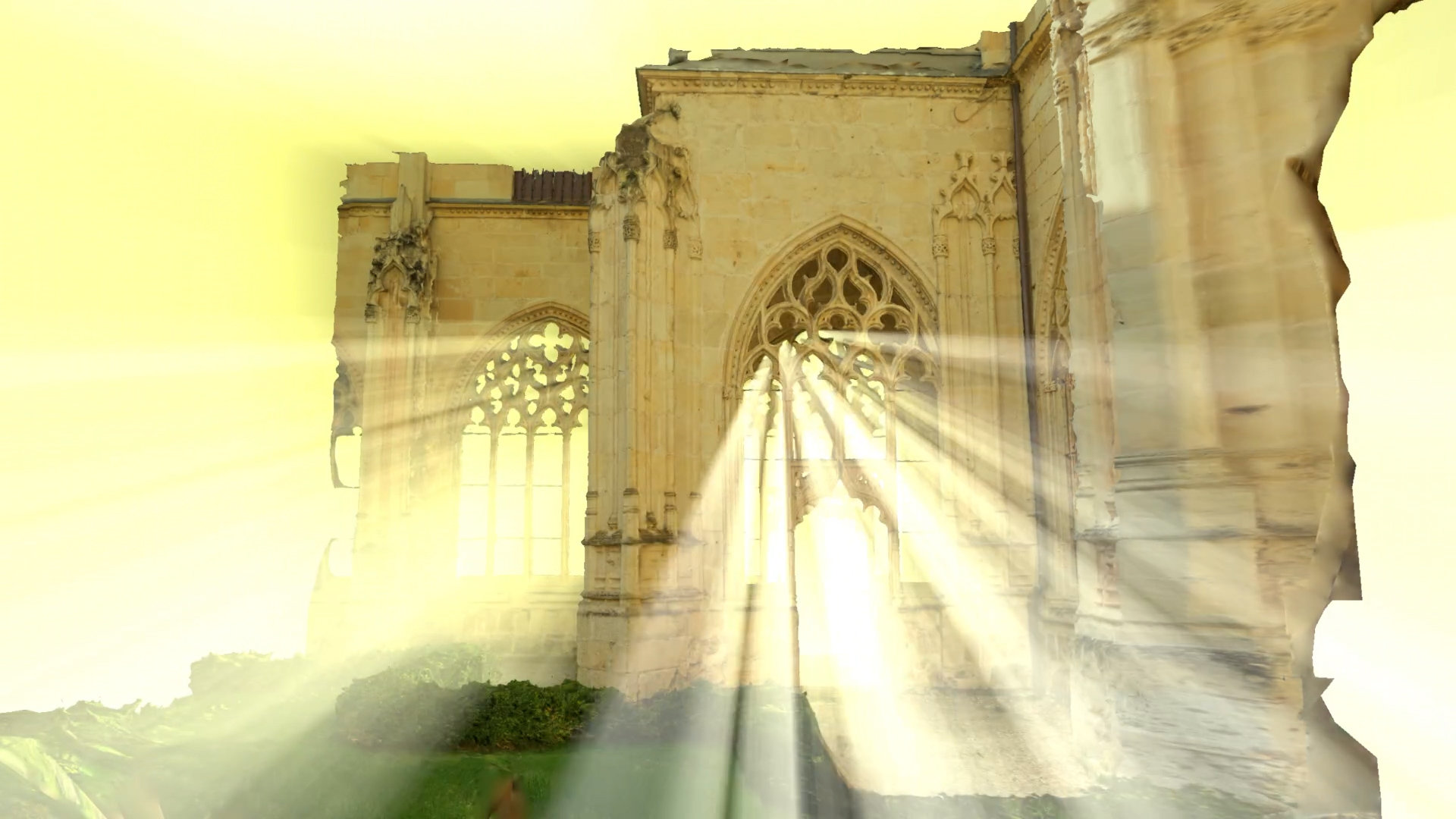 Bright sunlight streaming through Gothic arched windows of a stone cathedral, casting volumetric light rays