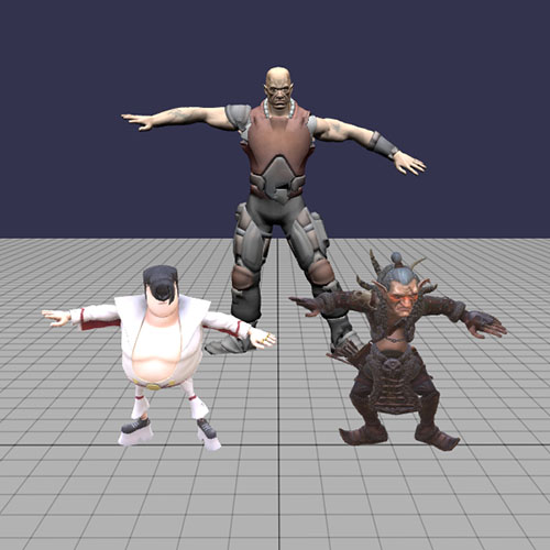 Three different 3D characters of varying body types sharing the same animation pose on a grid floor