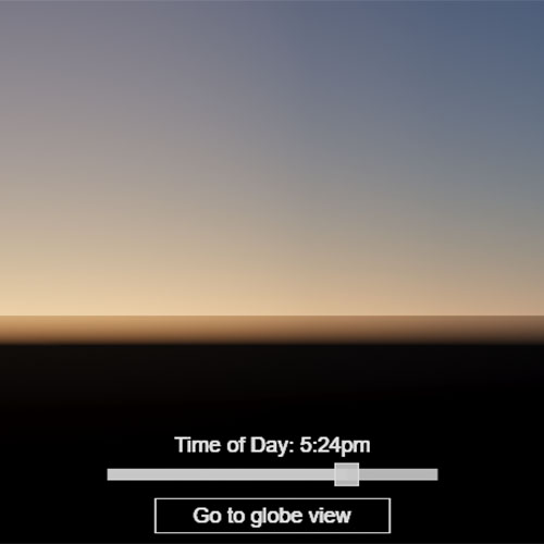 A sunset horizon with warm orange-to-blue gradient sky fading into a dark landscape, with a time-of-day slider at 5:24pm