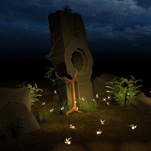 Dozens of glowing fireflies illuminating stone ruins, a vine-wrapped tree, and ferns in a dark nighttime scene