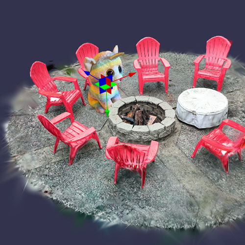 A Gaussian splat capture of red Adirondack chairs circled around a stone fire pit with a cartoon cat character