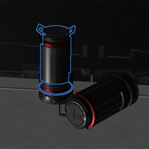 Two dark cylindrical objects on a grayscale surface, one highlighted with a blue outline showing its silhouette shape