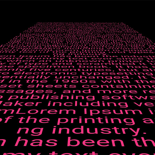 Hot pink Lorem Ipsum text rendered in perspective on a black surface, remaining sharp and crisp at all depths