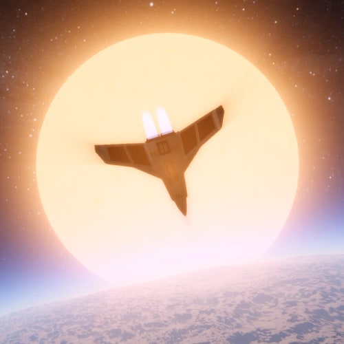 Spacecraft flying above a planet toward a bright star