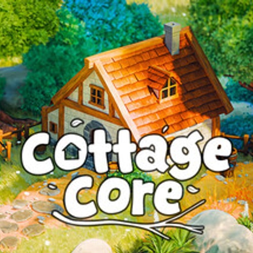 CottageCore title over a cottage surrounded by trees