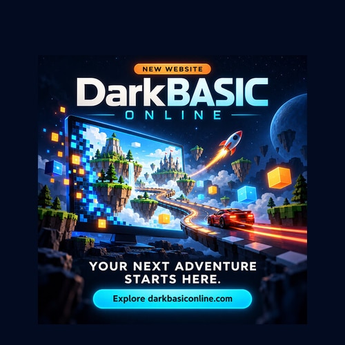 Dark BASIC Online artwork with a fantasy game world, rocket, and racing car