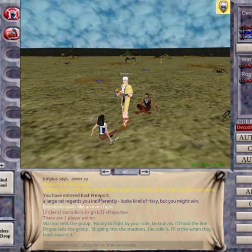 Characters in a grassy field with the classic RPG interface in IdleQuest