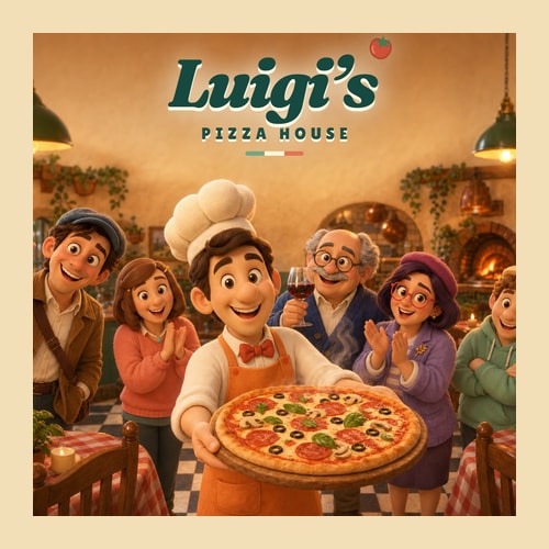 Luigi's Pizza House title above a chef serving a pizza