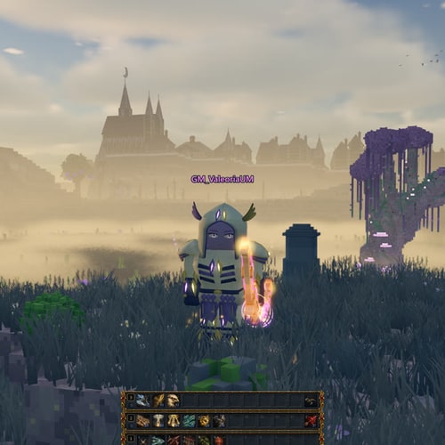 Armored adventurer in a voxel meadow with a distant castle