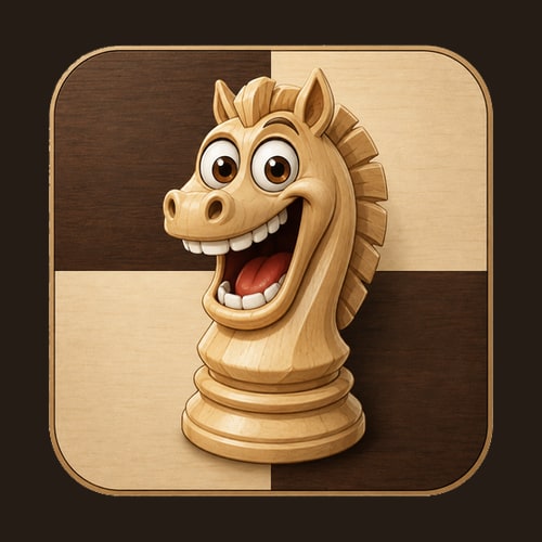 Smiling wooden knight chess piece from Shu Chess