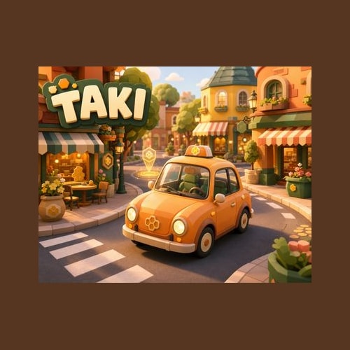 Taki cover with an orange car driving through a sunny town