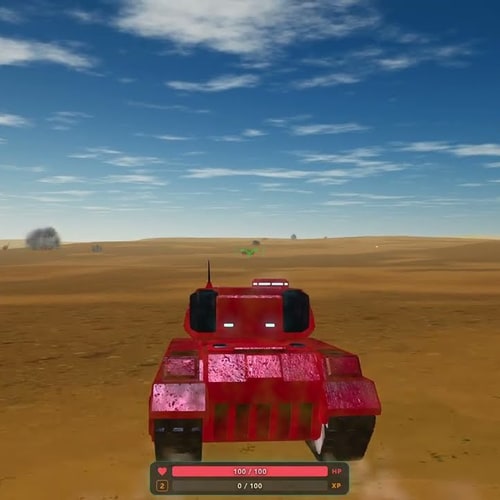 Red tank driving across an open desert battleground