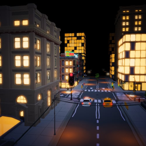 Cars at a nighttime city intersection in Traffic Boss